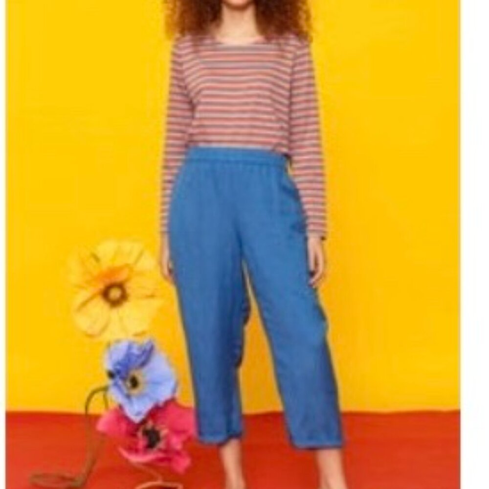 Gudrun Sjoden Margit woven Linen Model Ankle Pants Trousers Blue XL NWT